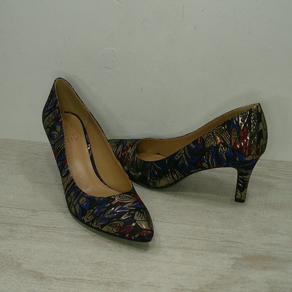 Naturalizer Natalie Brocade Pumps Metallic Floral Blue Gold Red Comfort Size 8M